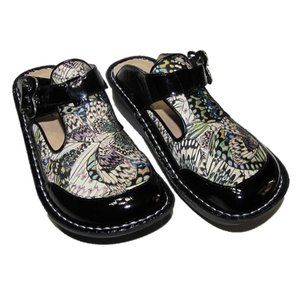 Alegria Butterfly and Black Patent Mule Slide On C